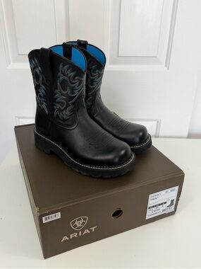 Ariat Ladies Fatbaby Embroidered Black Deertan Western Boot Size 8.5 C